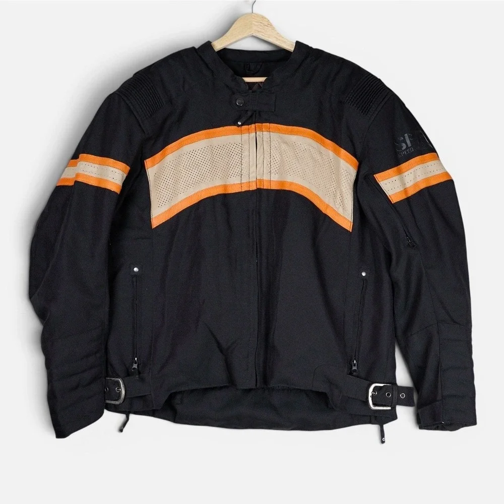 Speed and Strength Motorcycle Jacket Mens Black Orange Leather Trim Large L